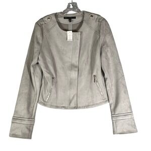 White House Black Market Ultra Suede Cropped Faux Moto Jacket Mercury Gray  M